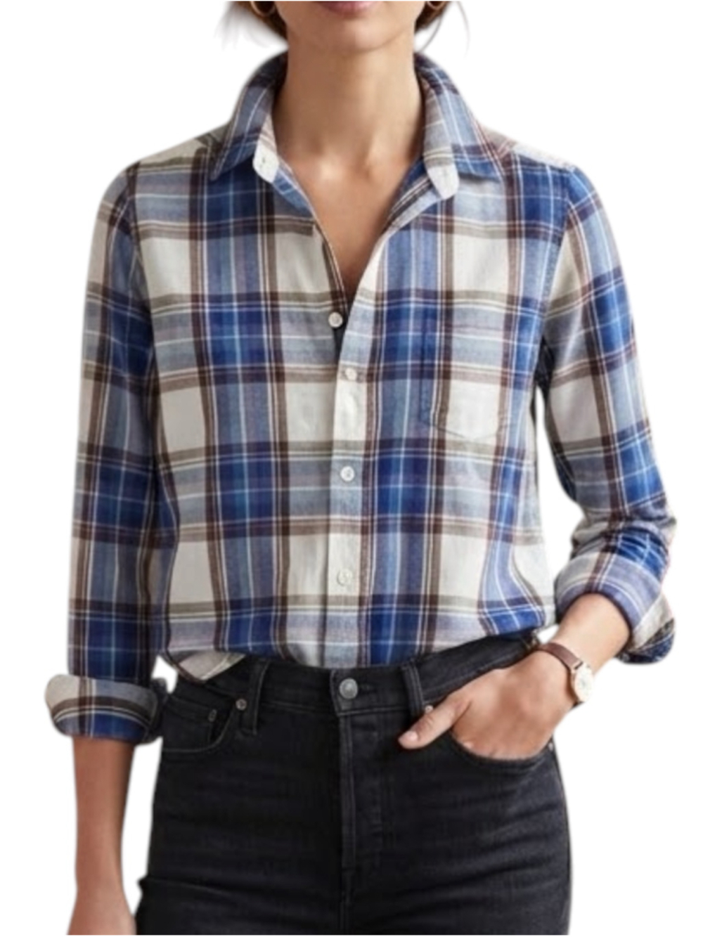 Frank & Eileen Berry Plaid Linen-Cotton Shirt Blue Multi Size Small